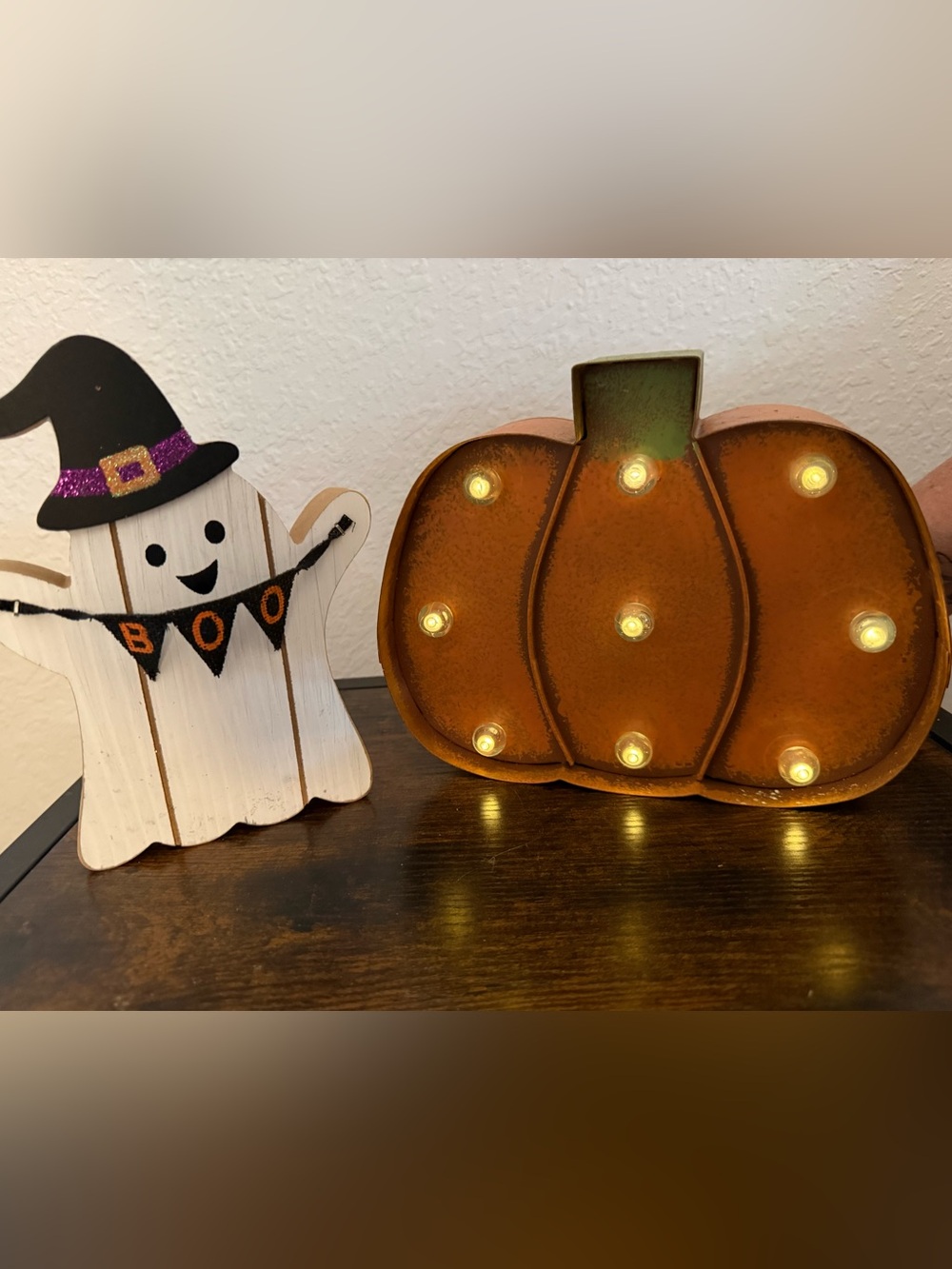 Wooden BOO Ghost & Metal Pumpkin Marquee Light - Orange/White